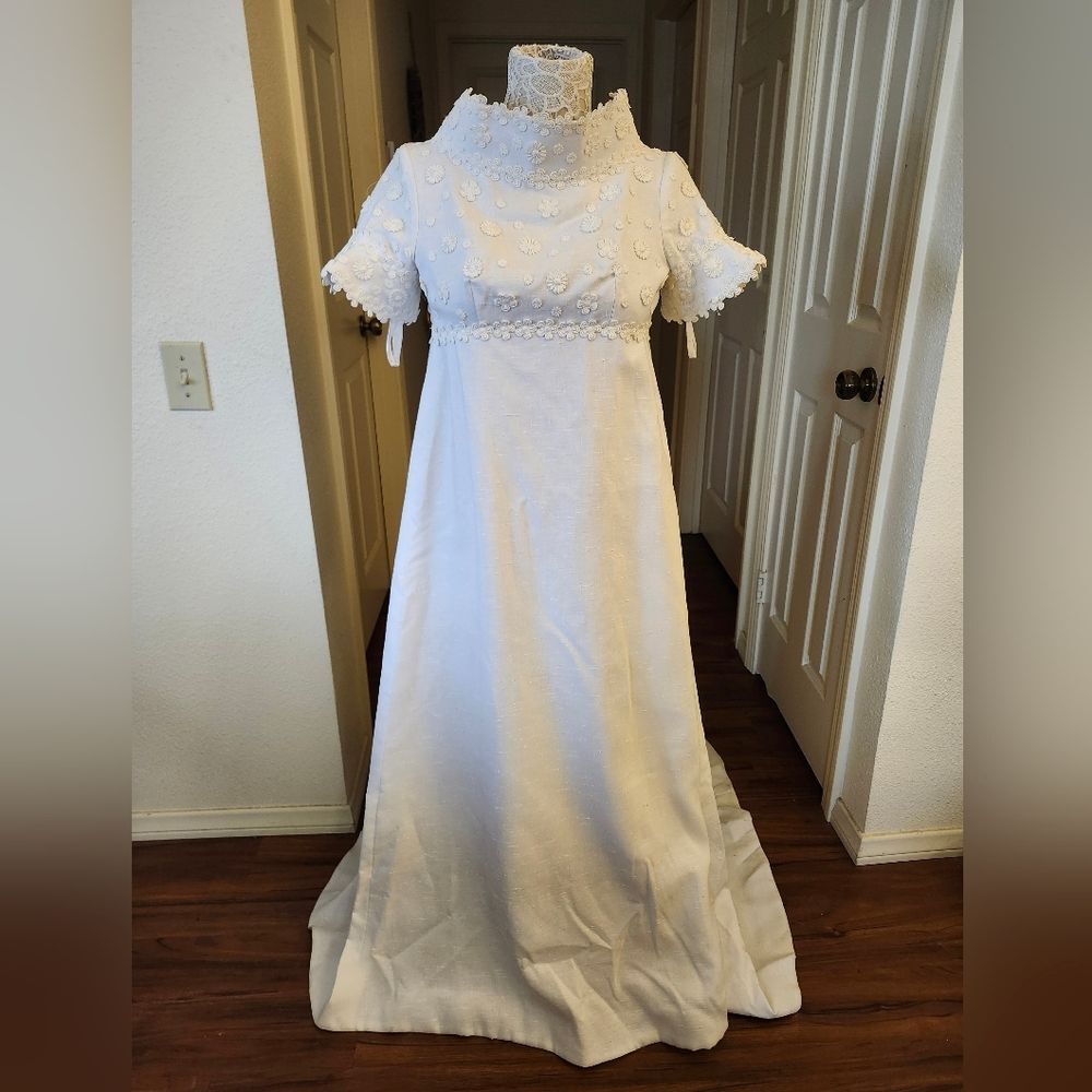 Miss Betsy Vintage Irish Raw Linen Maxi Train 60's Boho Hippie Bridal Gown Sz 2
